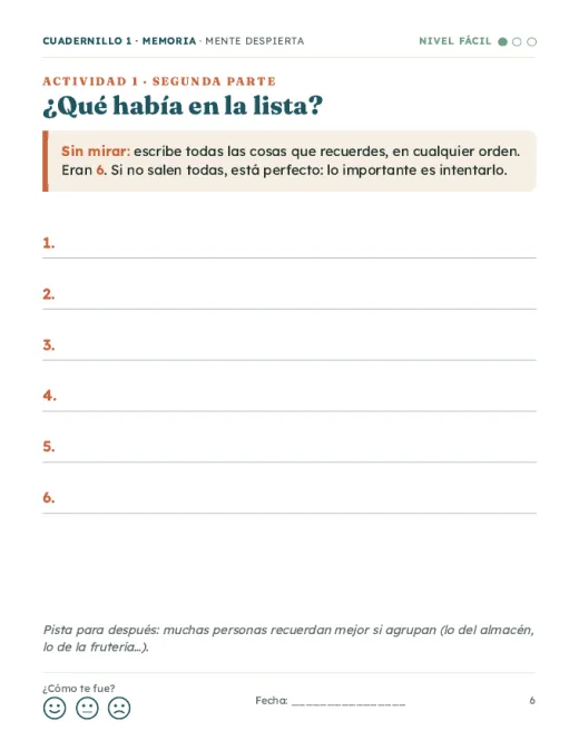 Página de ejemplo del cuadernillo de Memoria